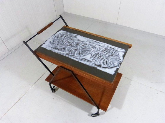 Image 1 of Carrito de teca con mosaico botánico de los años 60