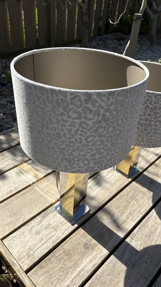 Image 1 of 2 x Paul Evans Skyscraper Style Set Table Lamps with Chrome and Gold Mirrors and Gray Panther Print