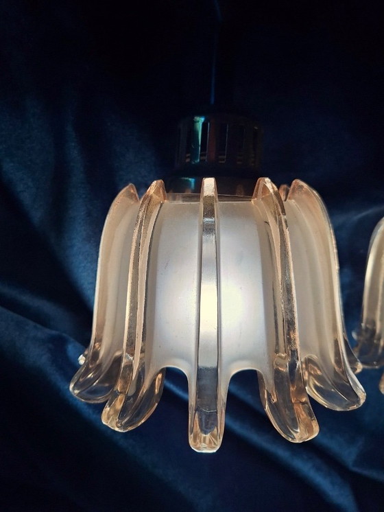 Image 1 of Set van 3 Doria hanglampen van messing en amberkleurig mat glas, jaren 1960