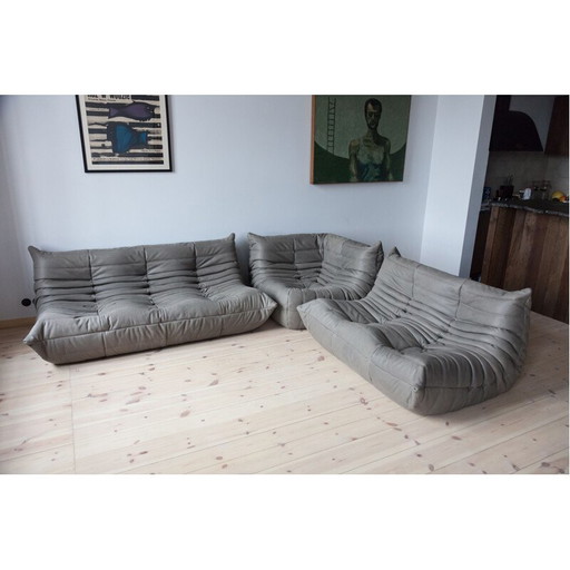 Togo vintage lounge set in grey leather by Michel Ducaroy for Ligne Roset, France 1970