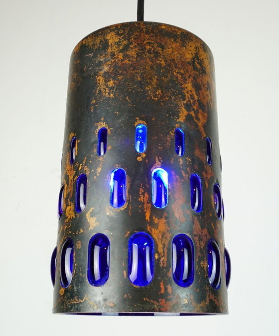 Image 1 of Lámpara colgante moderna de mediados de siglo en cobre flameado y vidrio azul, década de 1960