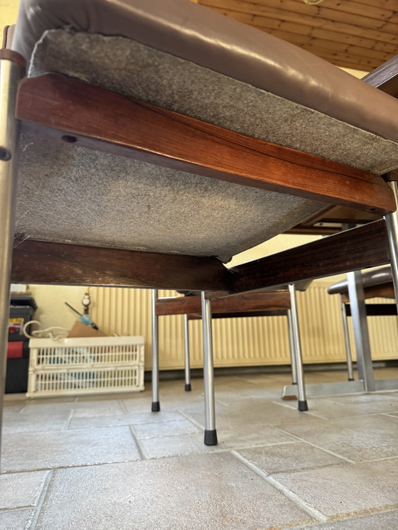 Image 1 of Eettafel-Set mit 4 Stoelen; 60er Jahre; Houten Blad; Metalen-Unterstell. Stoelen opnieuw bekleed.