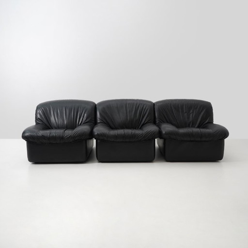 Modulaire fauteuils van zwart leer, jaren 70
