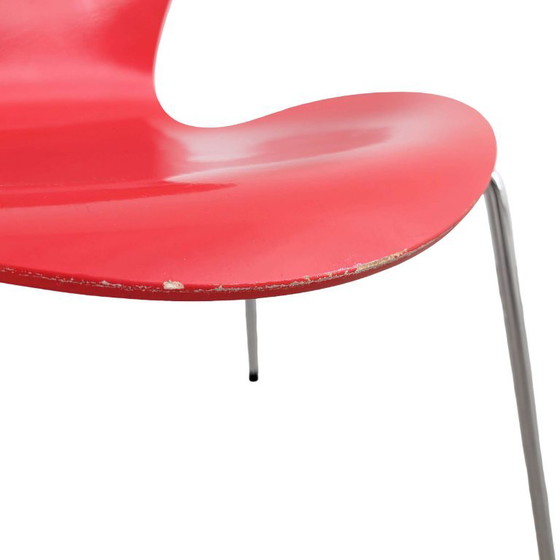 Set di 3 Sedie Originali Arne Jacobsen Serie 7 Fritz Hansen rosse, Sedie da camera, Legno, Rosso (foto 10 di 12)