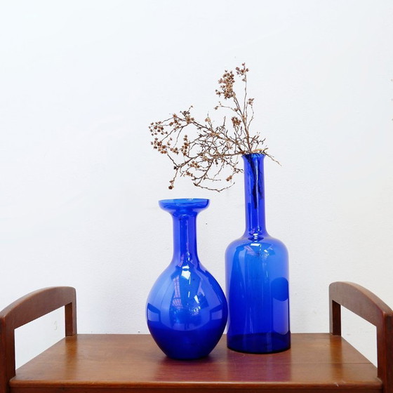 Image 1 of Pair of hand-blown cobalt blue glass vases or carafes, dating from the 1960s.