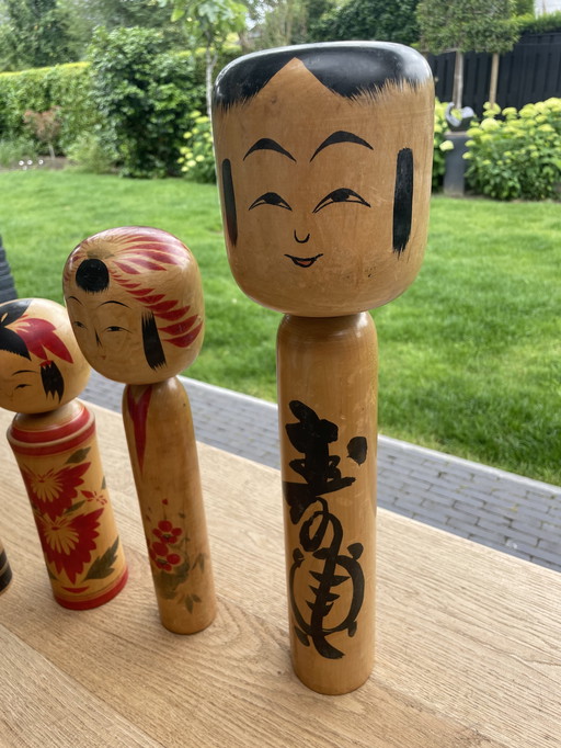 Set of 4 large Kokeshi vintage wooden dolls