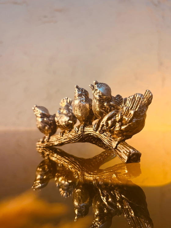 Pezzo di design! 5 uccelli placcati in argento su un ramo – Oggetti decorativi, Silver, Metal (photo 2 of 8)