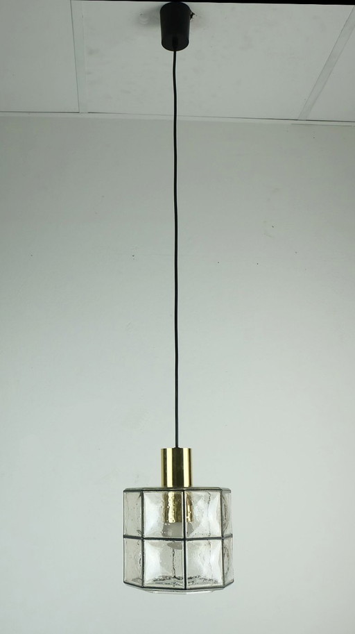 vintage jaren 1960 70 glashuette limburg hanglamp helder glazen kap en messing