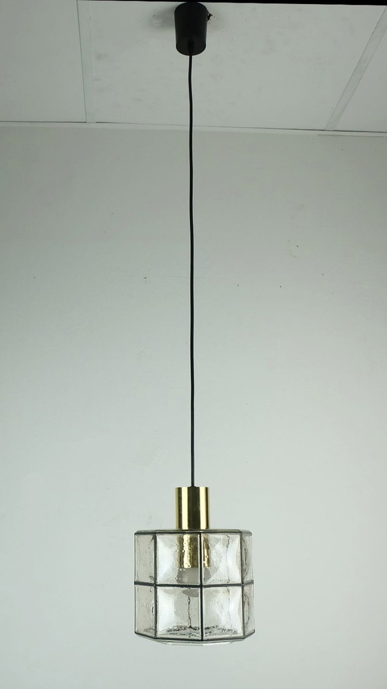 Image 1 of vintage jaren 1960 70 glashuette limburg hanglamp helder glazen kap en messing