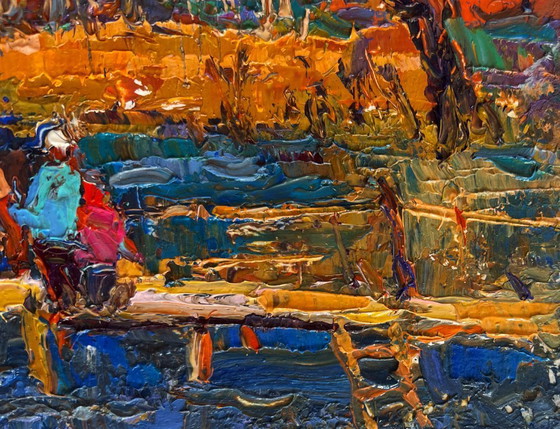 Image 1 of Original Oil Painting Autumn River Landscape Autumn mood near the river