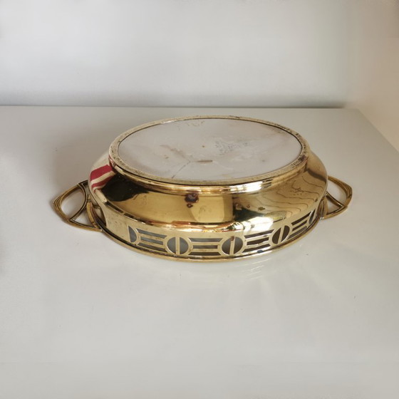 Image 1 of Plateau ancien en porcelaine et laiton Art Déco