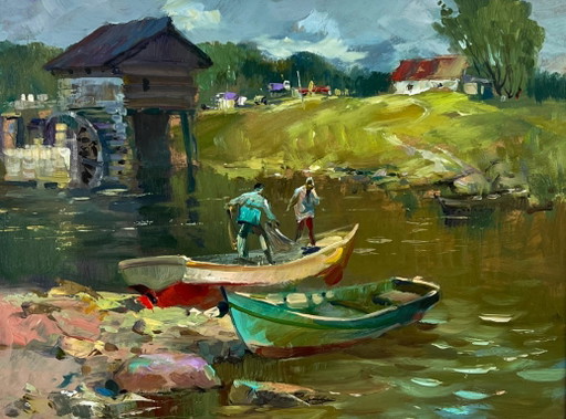 Fishermen on Boats near the Village