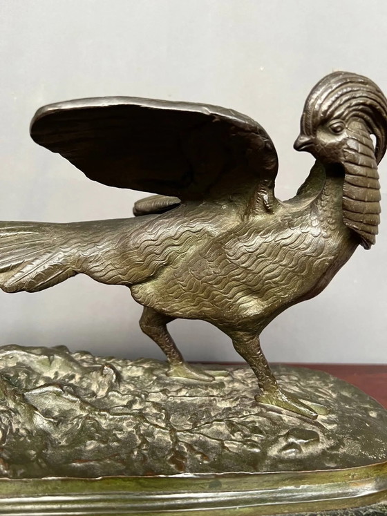 René André Varnier. Figura de bronce de un faisán sobre una base de mármol verde. – Esculturas, Bronze, Marble (photo 3 of 7)