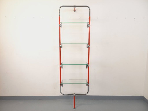 Modular Bauhaus-style vintage bookcase in red metal, chrome and glass from the 1970s