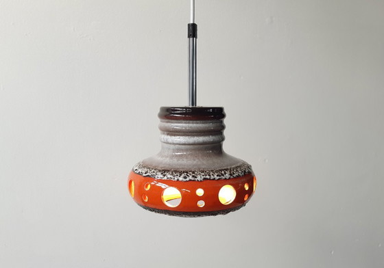 Image 1 of Keramieken aardewerken vintage hanglamp van Herda, west germany fat lava stijl, keramische retro, oranje hanglamp