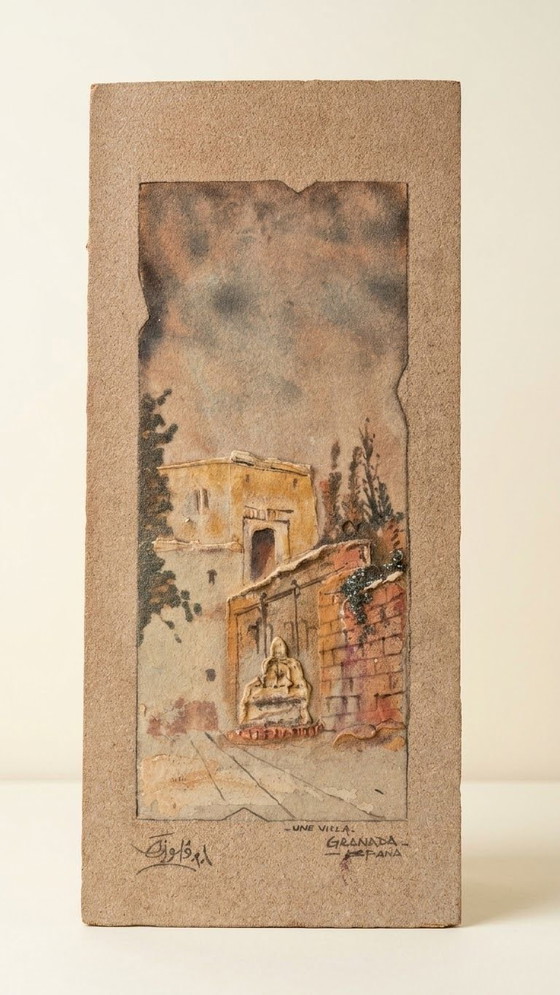 Tableau vintage en relief sur bois, Une Villa, Granada, España, Signé, Cadres, Beige (photo 2 sur 6)