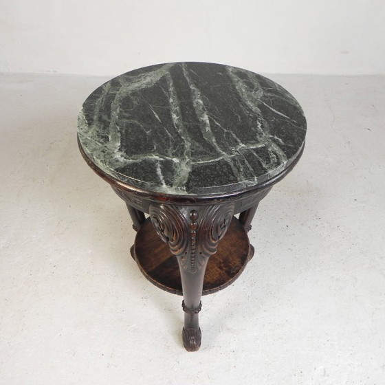 Tavolino rotondo antico in mogano con piano in marmo venato di verde, inizio XX secolo. – Tavolini, Marble (photo 2 of 17)
