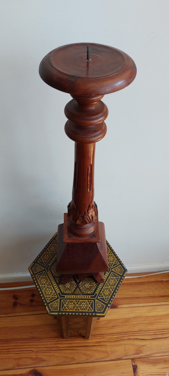 Image 1 of Large Candlestick - Wood - Hand Carved Asia - - 1950-1960