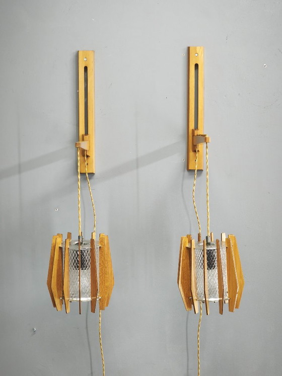 Pair of Dřevo Humpolec Adjustable Swing Arm Wall Lamps, 1960s, Wall lights, Wood, Brown (photo 15 of 16)