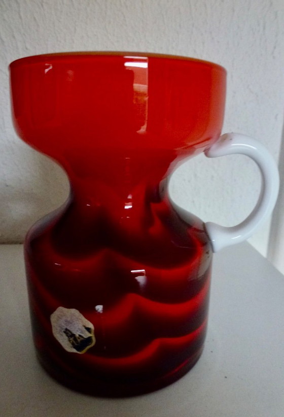 Image 1 of Vintage Murano vase in a wavy pattern with a white handle.