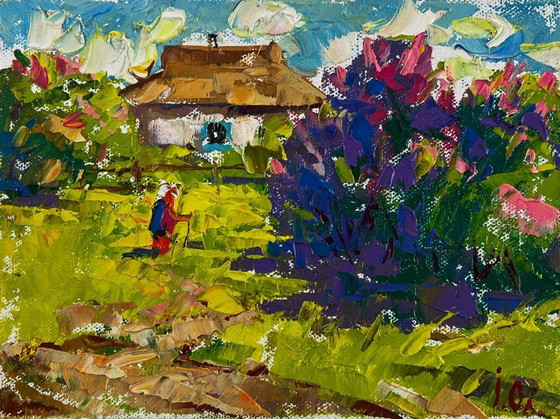 Image 1 of Original Oil Painting Day Village Landscape Spring breathes memories