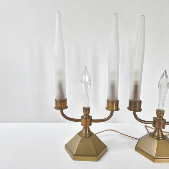 Image 1 of Pair of vintage 1950s brass and glass candle lamps, Art Deco style.