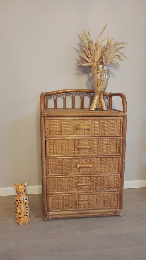 Bohemian vintage rattan wicker bamboo chest of drawers