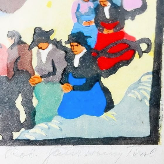 Image 1 of Vintage ingelijste Robert Saurwein gesigneerde kleurhoutsnede "Prozession" 1940's