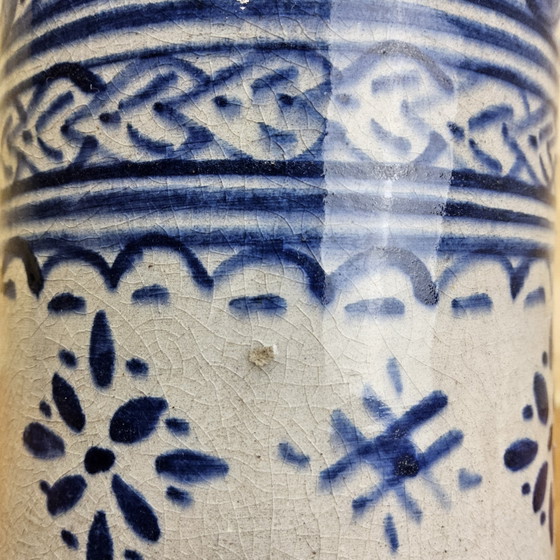 Image 1 of Vintage Ceramic Moroccan Fassi motif vase blue / white (FES) cobalt blue / copper rims