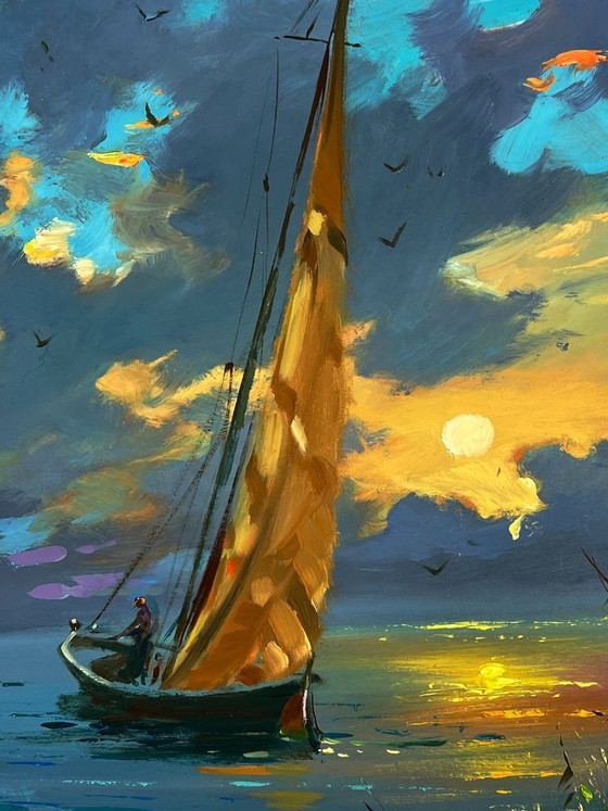 Image 1 of Dipinto ad olio originale: Paesaggio marino, cielo e barca a vela al tramonto
