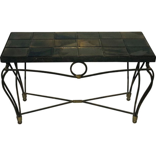 Tavolino vintage in ceramica e ferro battuto e vetro eglomerato
