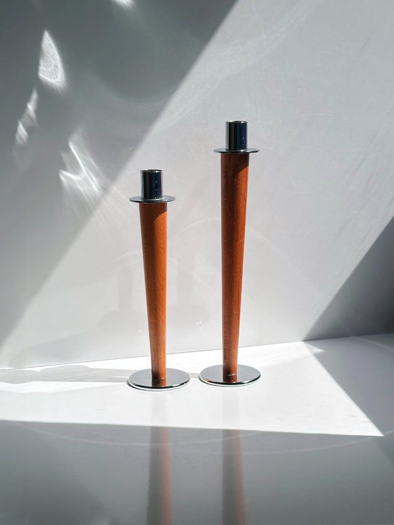 Image 1 of 2 Vintage Candlesticks Metal Wood Mid - Century 70s 1970 Skandi Japandi Boho Candlestick Set