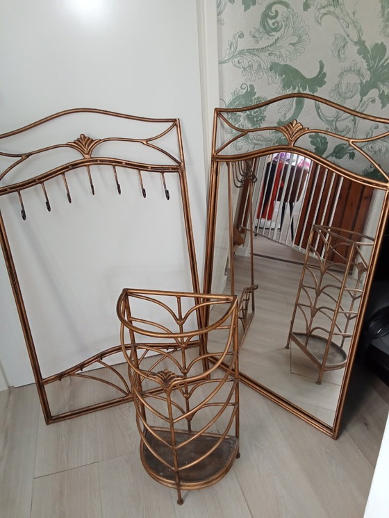 Image 1 of 3 delig Palazzo art / art nouveau vestibule set spiegel kapstok paraplu houder goud metaal kleur