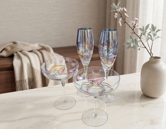 Image 1 of 4 calici da champagne Paul Nagel Germany, soffiati a mano, dipinti a mano e con decorazioni dorate.