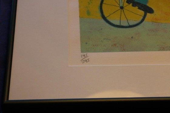 Unicycle and bird, signed, screen print Annora Spence, framed 195/295, Lithographs & prints, Glass (photo 3 of 11)