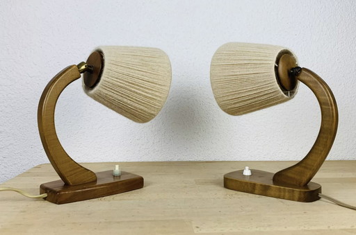 Pair Of Art Deco Curved Wood And Wool Lamps