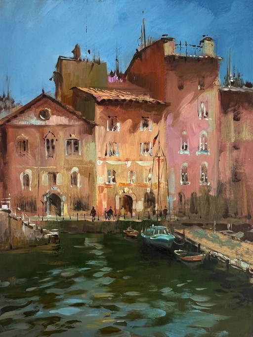 Dipinto ad olio originale: Paesaggio costiero con casa, Passeggiata per le vie della città