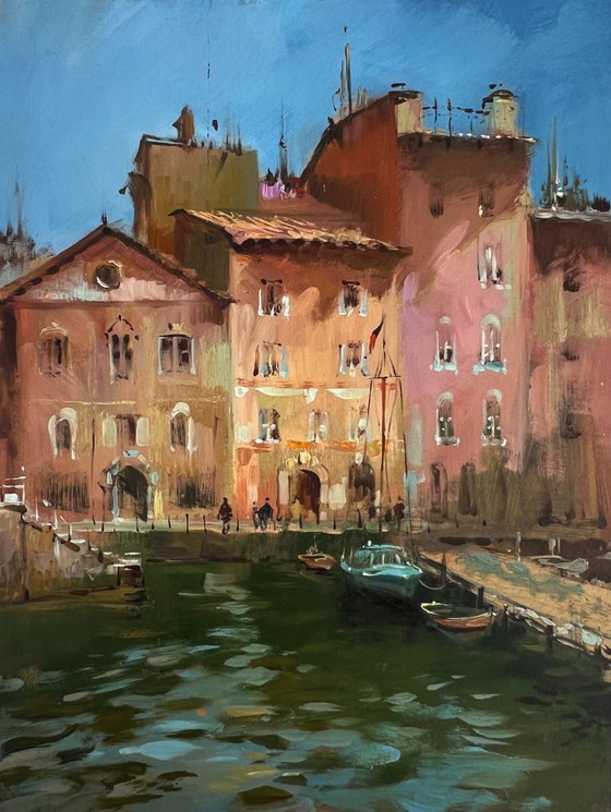 Image 1 of Original Oil Painting Coastal House Landscape Walking through the city streets
