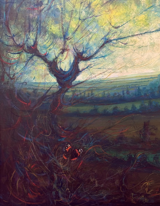 Image 1 of Ben Genaux (1911–1996, Belgio) - Paesaggio surreale con torre e farfalla, olio su tavola