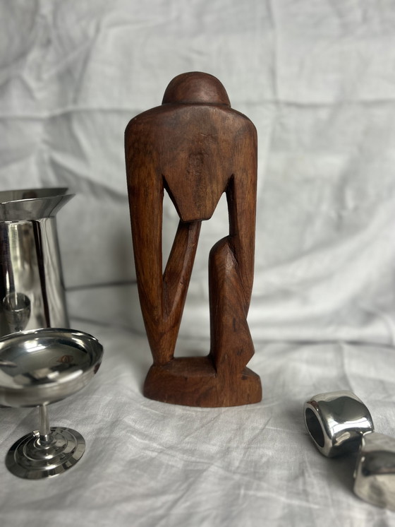 Image 1 of Vintage houten beeld de denker jaren zeventig 70 abstract handgemaakt