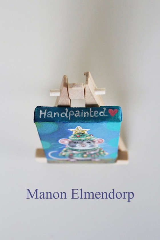 Unique Hand-Painted Miniature Painting Mouse as Christmas Tree, Paintings & Drawings, Canvas, Wood (photo 3 of 6)