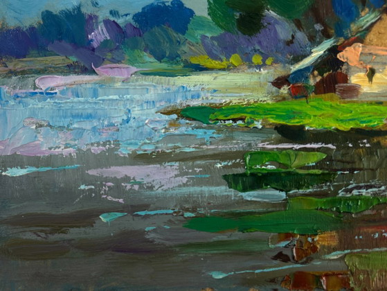Image 1 of Original Oil Painting Summer Coastal Landscape The river flows past the village