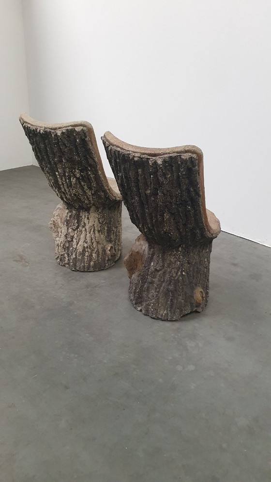 Image 1 of Vintage faux wood cement garden set 4 chairs/table Brutalist 60s France
