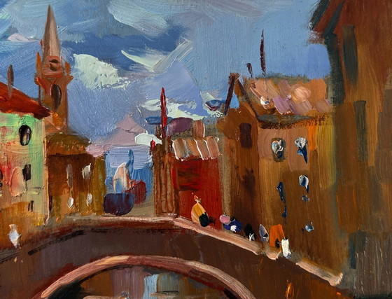 Image 1 of Original Oil Painting Street River Landscape City Central Bridge