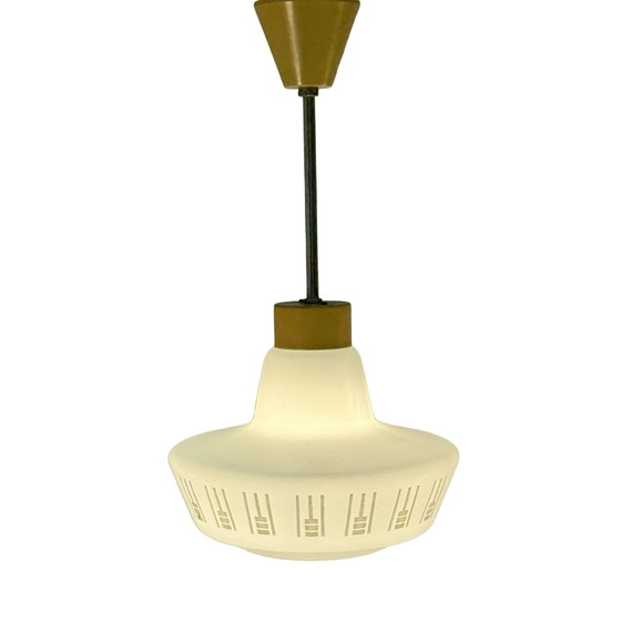 Image 1 of Vintage 50’s MCM Hanging pendant - Frosted / semi translucent white glass - Yellow ceiling mounted canopy and brass upright