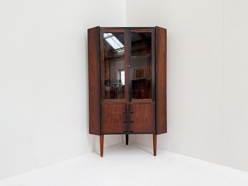 Mobile angolare vintage in palissandro danese, anni '60 — Vetrina di metà secolo con ante in vetro e cassetti