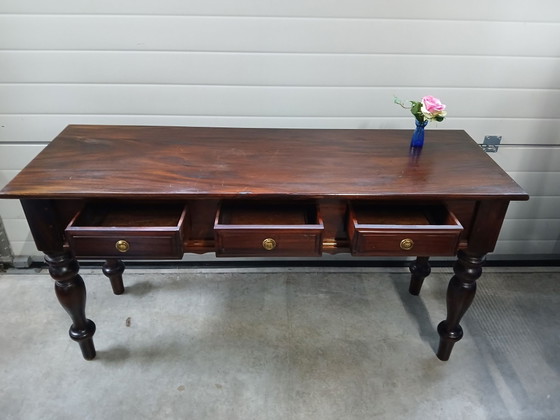 Antique style console table / hall table with brass ring fittings., Wood, Brown (photo 3 of 10)
