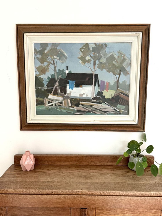 Image 1 of Peinture naïve moderniste « Jour de lessive », huile sur panneau d'Eskil Skans