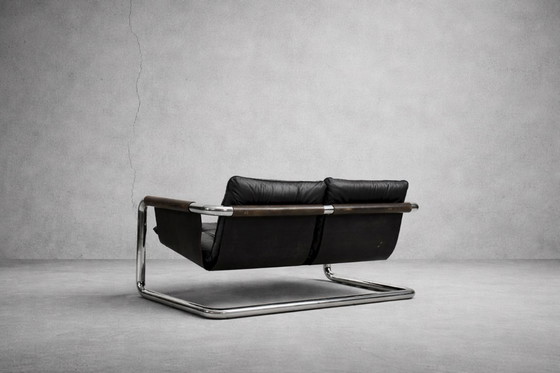Image 1 of Vintage Brutalistische Buisvormige Metalen en Lederen Bauhaus Minimalistische Sofa 1950