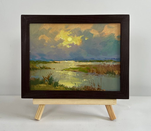 Original Oil Painting Sunset Lake Landscape The sun says goodbye to the horizon
